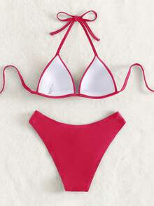Swim Basics 女款夏季海灘純色掛脖綁帶性感時尚比基尼兩件式泳衣套裝，含鋼圈胸墊 - 玫紅色 - 查看 2