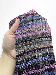 Rustia Plus Size Women's Spring/Summer One-Shoulder Short Sleeve Textured Knit Faux Knitted Sweater Top, Colorful Striped Elegant Vintage Vacation Casual Beach T-Shirt - Purple - View 5