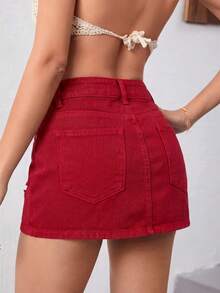 SHEIN Essnce 女款辣妹時尚破洞口袋鈕扣牛仔裙 - 紅色 - 查看 3