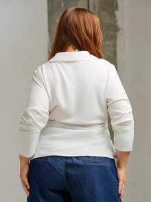 Lele Munniz Plus Size Front Button Closure Waist Cinched White Long Sleeve Shirt - White - View 2