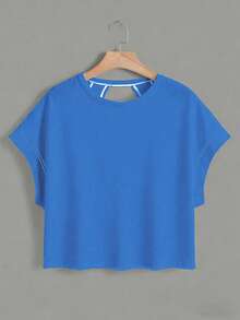 SHEIN Essnce Women's Casual Round Neck Backless Asymmetrical Hem Loose Sleeveless T-Shirt, Suitable For Summer,Summer Top - Blue - View 4
