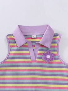 Souflis Souflis New Girls 4-7 Years Old Spring/Summer 2-Piece Set Sleeveless Top And Denim Long Pants With Embroidery Patch Design, Fashionable And Stylish For 4-7 Years Old Girls, Suitable For Daily Casual, Vacation, School, Travel, Outdoor Sports, Back To School - Multicolor - View 4
