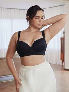Slumbrini Sujetador sin costuras con aro de talla grande de color liso minimalista - Negro - Ver 6