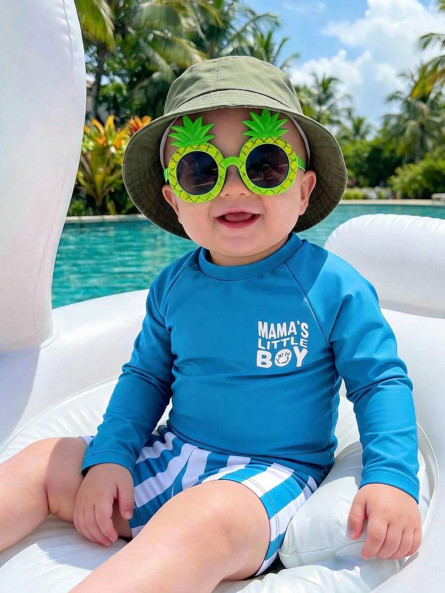 SHEIN Unisex Baby 2pcs/Set Green Striped Long Sleeve Swimsuit And Swim Trunks Set, Sun Protection Swimwear For Beach, Swimming, Vacation - Dusty Blue - View 1