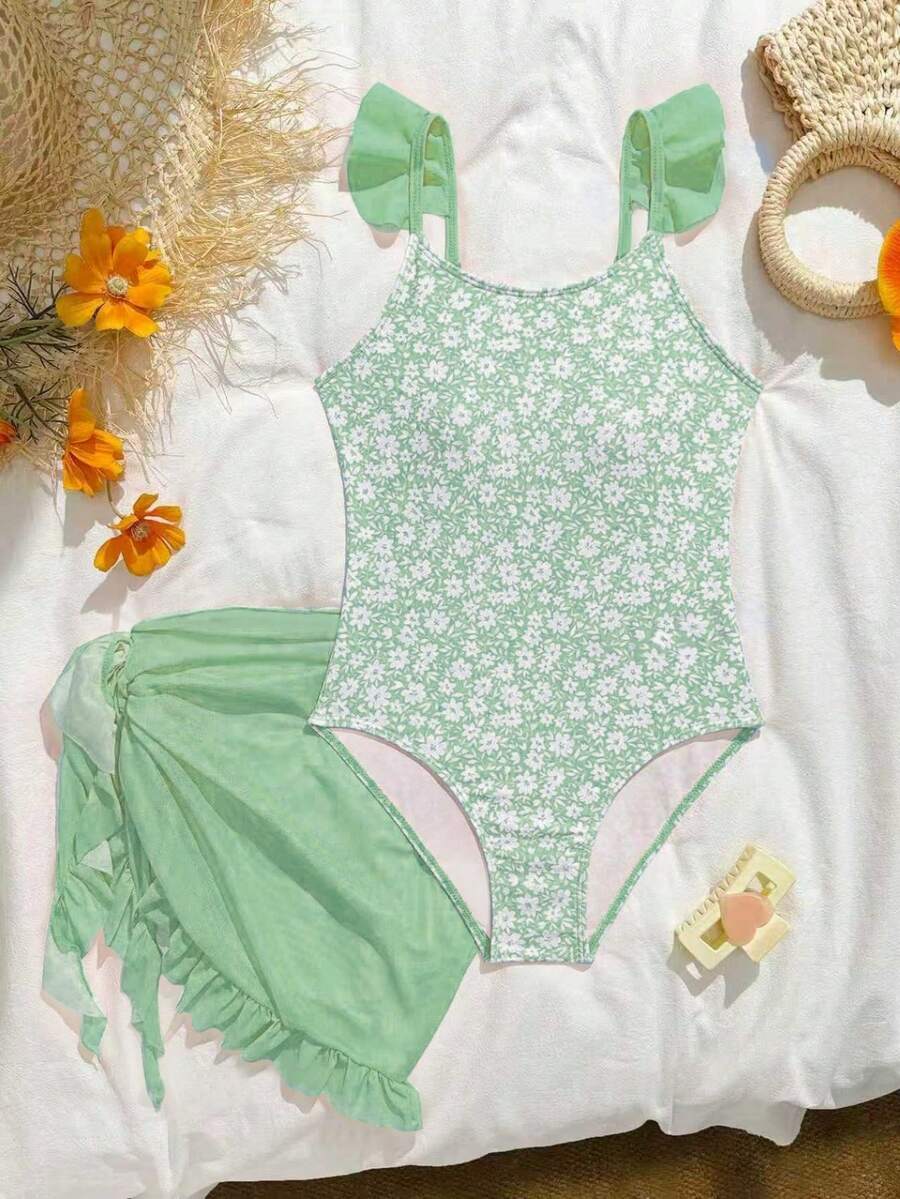 SHEIN Tween Girl All-Over Print One-Piece Swimsuit, Suitable For Beach Vacation, Pool Party, Beach Party - Green - View 1