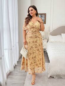 Modelyn Vestido de mujer de primavera/verano con estampado floral, amarillo pálido, de punto de malla, cuello en V, cintura ceñida, talla grande - Amarillo claro - Ver 7