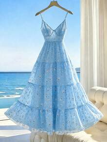 SHEIN Franclia Summer Pastoral Ditsy Floral Spaghetti Strap Dress With Back Bow Tie Multi-Layer Patchwork Elegant Women's Dress Yellow Dress Wedding Guest Dress Graduation Dress Beach Vacation Outfit Holiday Dress - Blue - View 2