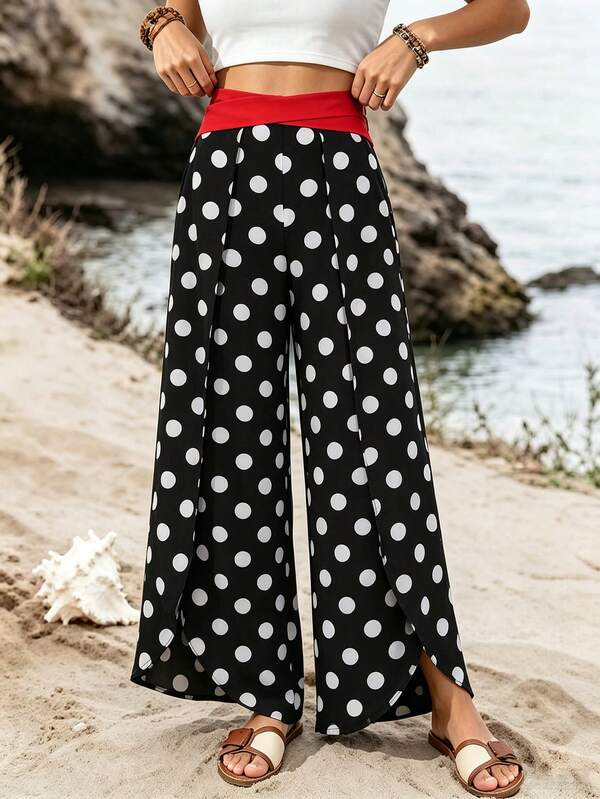 SHEIN Holidaya Women's Casual Elegant Vacation Black Base White Dot Print Contrast Red Waistband Long Pants