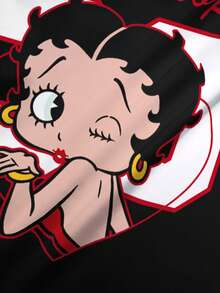Betty Boop x SHEIN 女士休闲撞色卡通图案圆领短袖T恤，夏季 - 白色 - 查看 6
