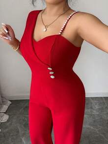 Elenzga Spring/Summer Women's Elegant Exquisite Asymmetric Neckline Cinched Waist Rhinestone Buckle Decor Button Pearl Shoulder Strap Jumpsuit, Suitable For Work, Commuting, Shopping And More Occasions - Red - View 8