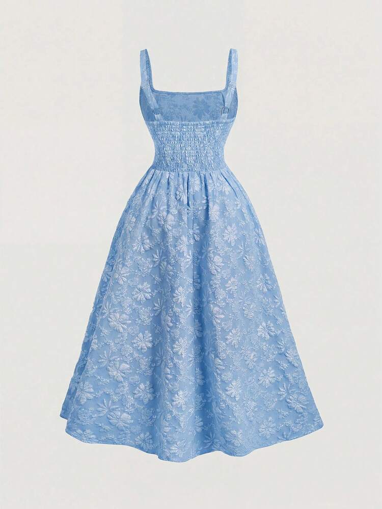 SHEIN MOD 大尺碼女款藍光復古套裝浪漫休閒束腰性感哥德宮廷風提花中長洋裝，適合派對、旅行度假、夏季 - 藍色 - 查看 2