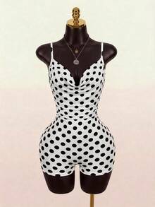 SaltGleam SaltGleam Spring Summer White With Black Polka Dots Spaghetti Strap Fitted Jumpsuit Cowl Neck Sleeveless Slimming American Vintage Bandage Hot Girl Style - Black and White - View 3