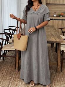 Lacomfia Women's Spring/Summer Casual Daily Lapel Design Mid-Sleeve Long Dress Fall - Dusty Blue - View 8