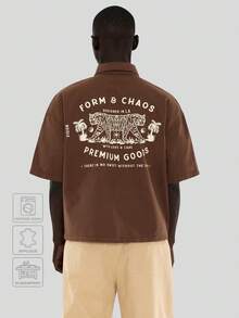 FORM&CHAOS 男士寬鬆版型復古水洗棕色丹寧短袖襯衫外套，夏季 - 棕色 - 查看 2