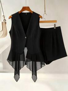 GlowEve CURVE Bộ đồ nữ cỡ lớn mùa xuân/hè gồm áo blazer cổ bẻ không tay dáng suông, chất liệu vải dệt phối lưới, kết hợp với quần short cạp chun, trang phục thường ngày thanh lịch chuyên nghiệp, phù hợp đi biển, nghỉ lễ, màu đen. Bộ 2 món - màu đen - Xem 6