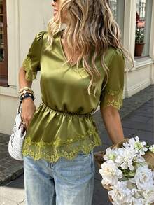 Selianne Women's Spring/Summer Teachers' Day Casual French Elegant V-Neck Contrast Lace Asymmetrical Hem Solid Color Short Sleeve Blouse Work Olive Green - Green - View 7
