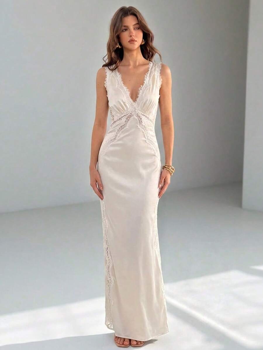 SHEIN Tall Đầm ren trắng thanh lịch, cổ chữ V, trễ vai, thích hợp cho kỳ nghỉ xuân hè, tiệc cưới, sinh nhật, trang phục đi nghỉ mát, đầm dự tiệc sang trọng, đầm dạ hội cao cấp cho đám cưới, đầm tốt nghiệp, đầm dự lễ, đầm phù dâu, đầm trắng satin, đầm đuôi cá, trang phục Bohemian, trang phục Ibiza, phong cách phương Tây. - trắng - Xem 1