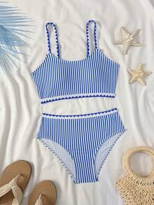 SHEIN Tween Girl Vacation Beach Striped Bikini Two Pieces Set - Blue and White - View 1