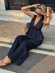 SHEIN PETITE Petite Women's Dark Wash Denim Two Piece Outfit, Sleeveless V Neck Drawstring Top With Wide Leg Pants For Summer Casual Streetwear - Dark Wash - View 6