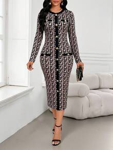 SHEIN Lady Đầm dài tay ôm dáng thanh lịch dành cho nữ, họa tiết hình học, thiết kế cài nút. - màu nâu - Xem 8