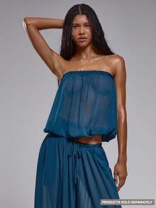 Musera Resort Sheer Textured Bandeau Beach Vacation Cover-Up Top Only Spring Summer Ibiza Holiday Sexy Tropical Girly Feminine Club Cute Romantic Festival Boho Teal - Dusty Blue - View 1