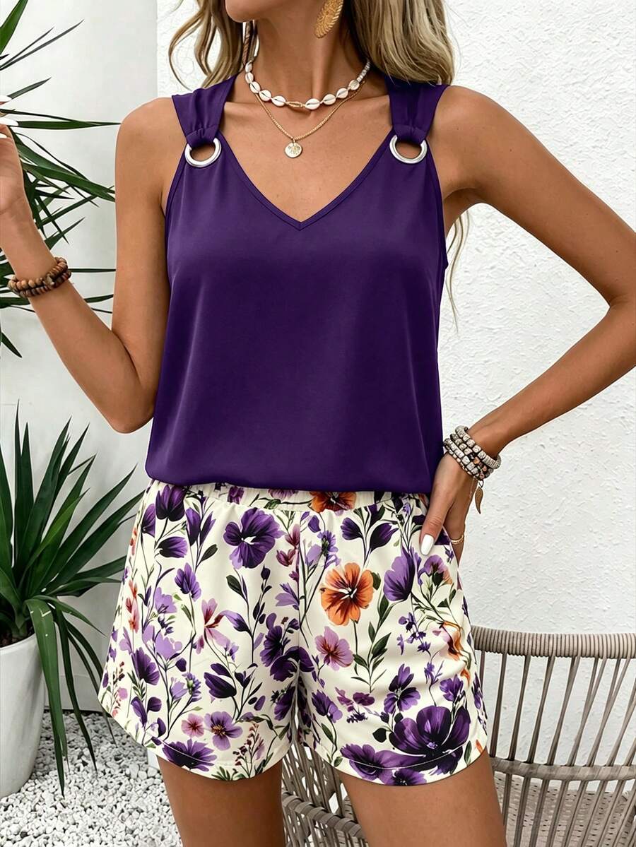 EMERY ROSE Setelan 2 Potong Wanita Tanpa Lengan Leher V Kasual Minimalis Bergaris - Purple - View 1