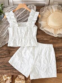 Tween Girl Solid Color Jacquard Tank Top + Shorts 2 Pieces Set - White - View 2