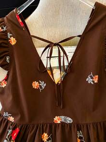 SHEIN LUNE CURVE Kemeja Chiffon Berkerudung Motif untuk Wanita Ukuran Plus, Gaya Liburan Kasual dengan Bukaan Depan, Pilihan Serbaguna untuk Musim Semi, Gugur, dan Musim Panas - Coffee Brown - View 6