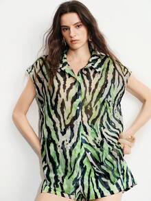 Aveloria Modichic Summer Fashion Versatile Light Green Color Block Tiger Zebra Print Chiffon Elegant Sexy Casual Dropped Shoulder Women's Blouse Club Night Out - Multicolor - View 5