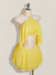 SHEIN ICON Multi-Layer Ruffle Halter Neck Backless Women's Mini Dress - Yellow - View 5
