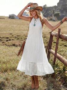 Wildy BOHO Jamican Sexy Casual Western Country Textured Hollow Out Women's Summer Daily Basic Outfit Outing Beach Vacation Commute Backless Lace-Up Dress - White - View 7