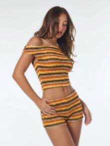 SHEIN ICON 女款條紋不對稱領短版上衣與短褲兩件套裝 - 彩色 - 查看 4