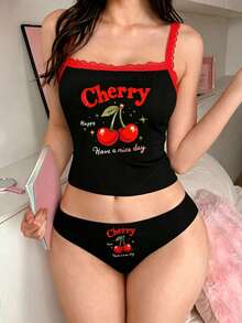 PetitDoll 女款 2件組蕾絲拼接內衣套裝 - 黑色 - 查看 1