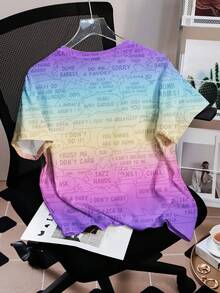 Nick 90s | SHEIN Women's Cartoon Pattern Letter Print Round Neck Gradient Color Short Sleeve T-Shirt - White - View 2