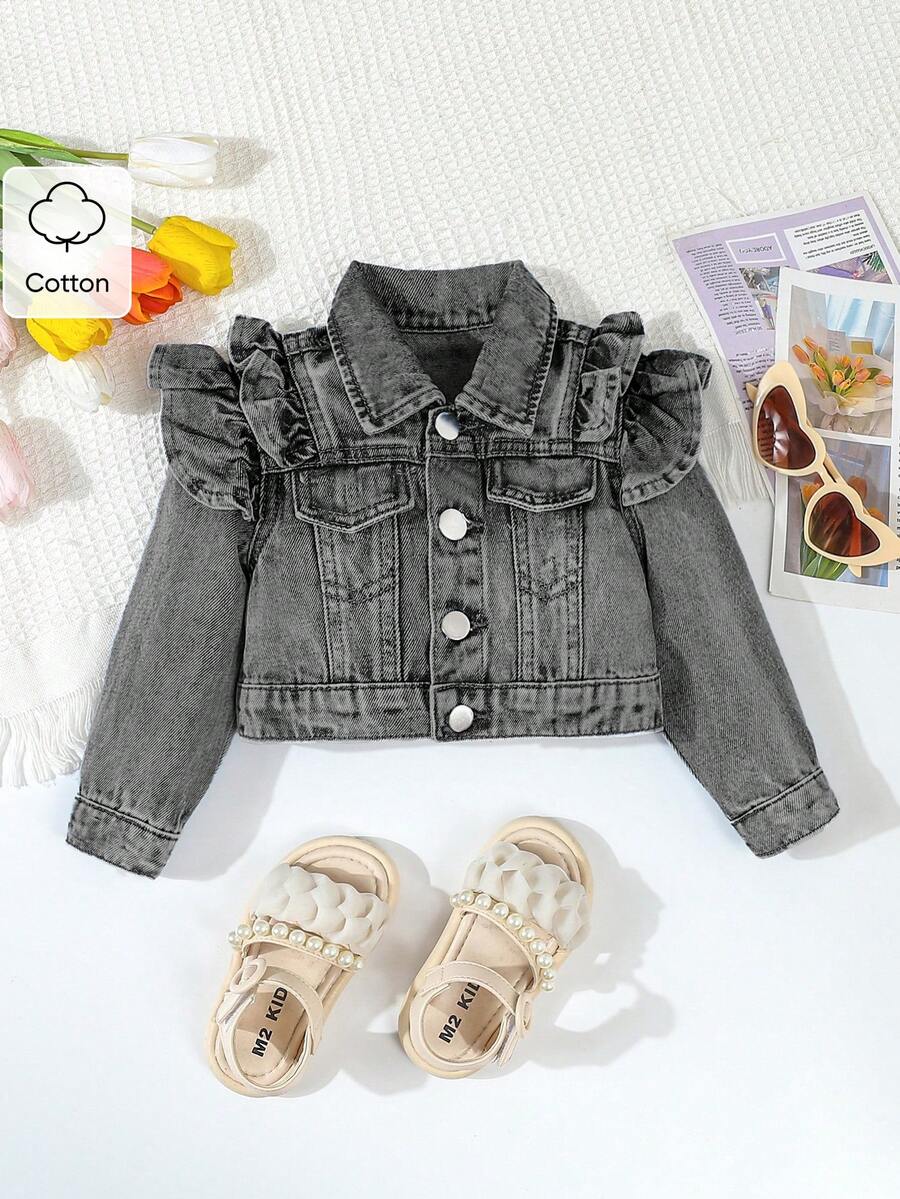 SHEIN Playful Pals Baby Girls' New Ruffled Hem Retro Kawaii Fashion Denim Short Jacket Back-To-School Career Day Charcoal Gray Autumn,Soft Cotton,Back-To-School - Grey - View 1