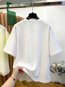Everyssa Women's Cute T-Shirt White And Pink Floral Embroidery Pearl Print Round Neck Short Sleeve Summer Top,Suitable For Tea Party,Vacation & Casual Wear - Multicolor - View 2