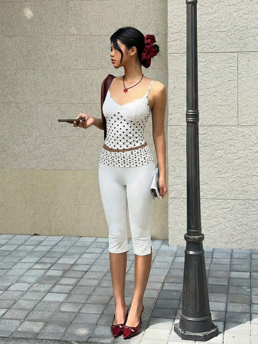 MainGRL 白色波點側開衩修身休閒七分褲,女款時尚夏季休閒長褲 - 白色 - 查看 1