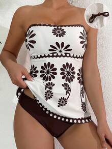 Swim Lushoire 2 pièces Ensemble de bikini à imprimé floral vert haute élasticité pour femmes, comprenant un Top bandeau à imprimé floral et un bas triangle de couleur unie. Ensemble de bikini élégant pour la plage au printemps/été - Multicolore - Voir 1