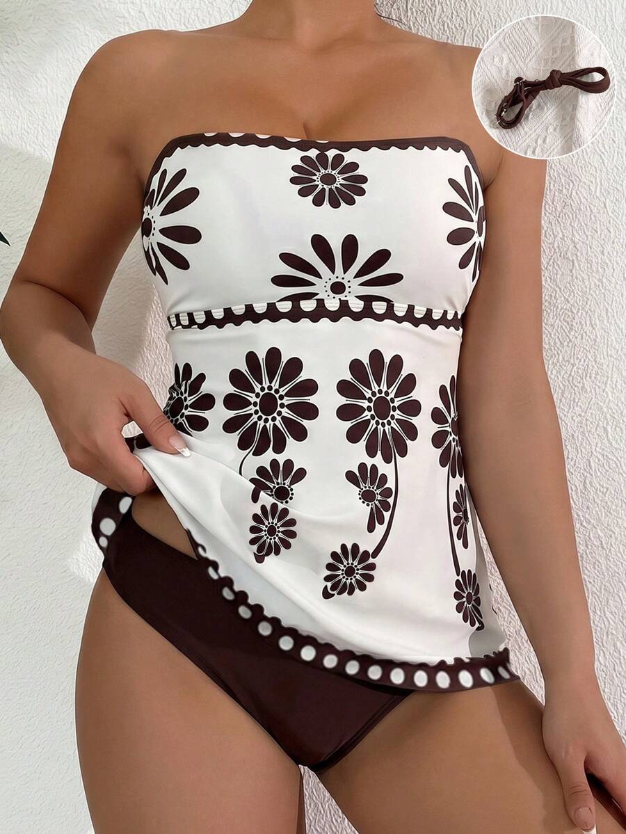Swim Lushoire 2 pièces Ensemble de bikini à imprimé floral vert haute élasticité pour femmes, comprenant un Top bandeau à imprimé floral et un bas triangle de couleur unie. Ensemble de bikini élégant pour la plage au printemps/été - Multicolore - Voir 1