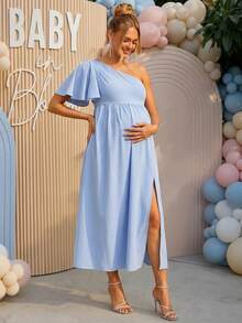 Loomaby Gaun Hamil Elegan Warna Polos dengan Lengan Ruffle Satu Bahu, Gaun Pengungkapan Jenis Kelamin Bayi, Gaun Hamil, Gaun untuk Acara Baby Shower - Biru - View 8