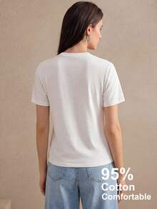Anewsta Elegant Women's Top, Minimalist Casual Summer Sequin Embroidered Short Sleeve T-Shirt, 95% Cotton Top - White - View 2