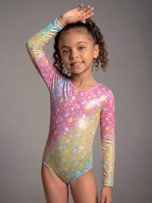Young Girls' 3 PiecesClothing Set, Gymnastics Leotard, Shorts, Hair Accessory, Suitable For Team Competition, Daily Training, Gradient Star Pattern Print - Multicolor - View 5