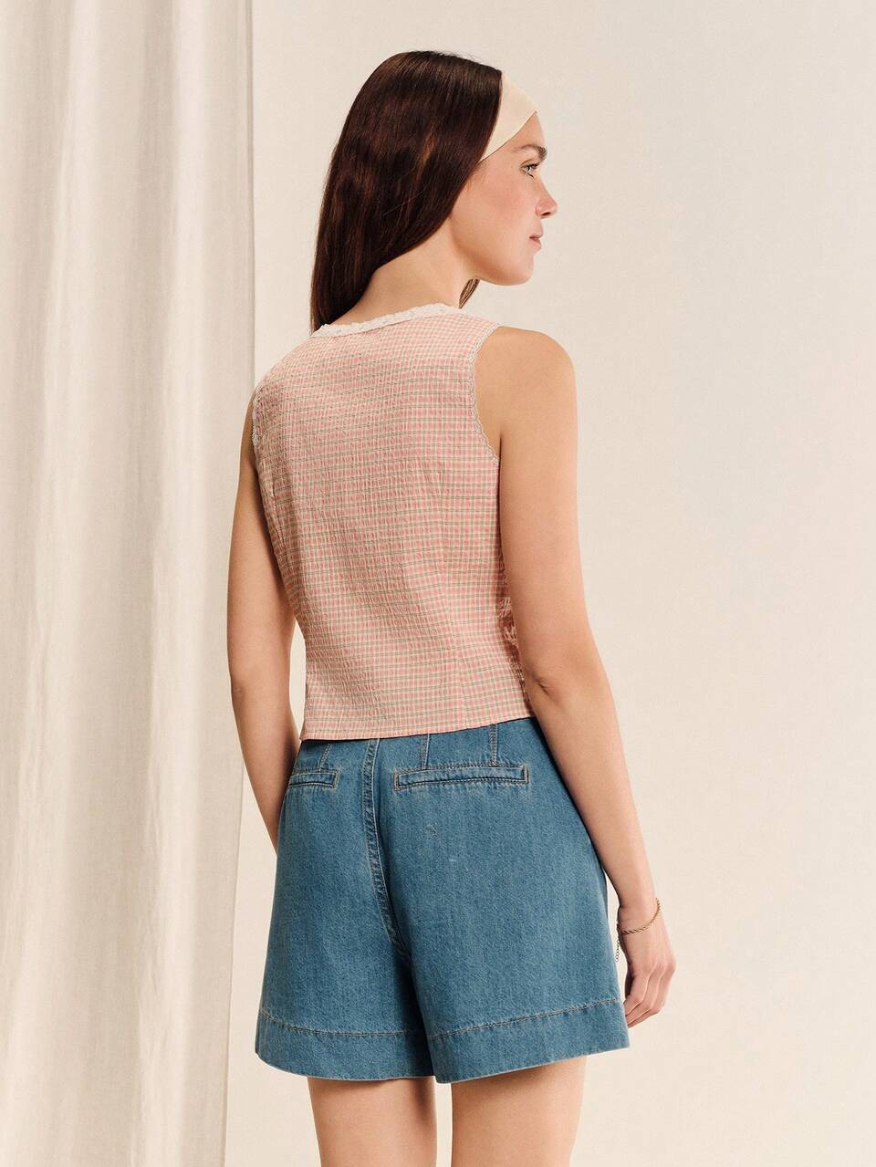 Pink Plaid Lace Trim Sleeveless Top, Deep V-Neck Front Button Design