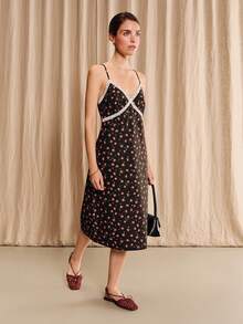 lacRébo Schwarzes Blumen-Polka-Dot-Spaghettiträger-Kleid in Knielänge mit weißem Spitzenbesatz und Bustier-Design - Schwarz - Übersicht 4