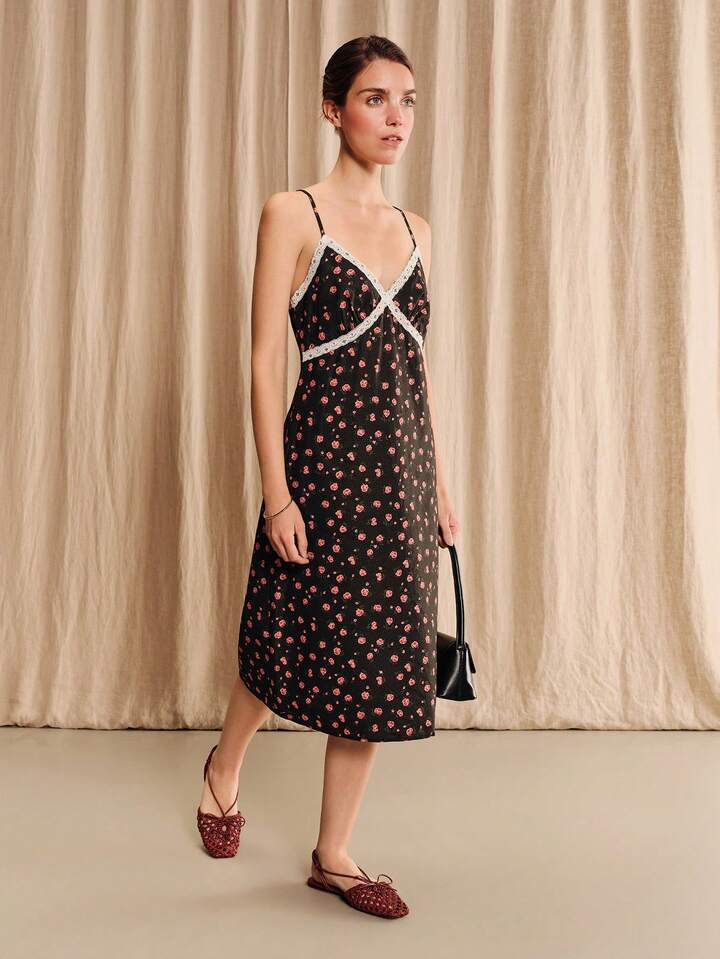 black spaghetti strap dress knee length Floral Polka Dot Knee-Length With White Lace Trim Bust Design｜lacRébo adding sleeves to spaghetti strap dress