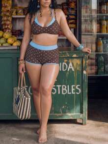 Bonvoyette 2026 Spring/Summer Plus Size Women's Brown & Blue Polka Dot Sexy Halter Bikini Set - Multicolor - View 4