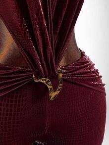 Amplova Women's Tight Burgundy Jumpsuit Backless Deep V-Neck Waist Cutout Snake Skin Pattern Stretchy Summer Club Night Out Night Rave Avant-Garde Sexy - Burgundy - View 7
