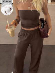 SHEIN EZwear Women's Solid Color Cropped Minimalist Bandeau Top And Casual Long Pants Set Everyday Dark Brown Summer - Chocolate Brown - View 1