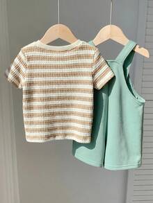 SHEIN 2件套男女宝宝休闲可爱3D小狗图案背带短裤和条纹短袖针织上衣套装，男宝宝服装套装 - 彩色 - 查看 2