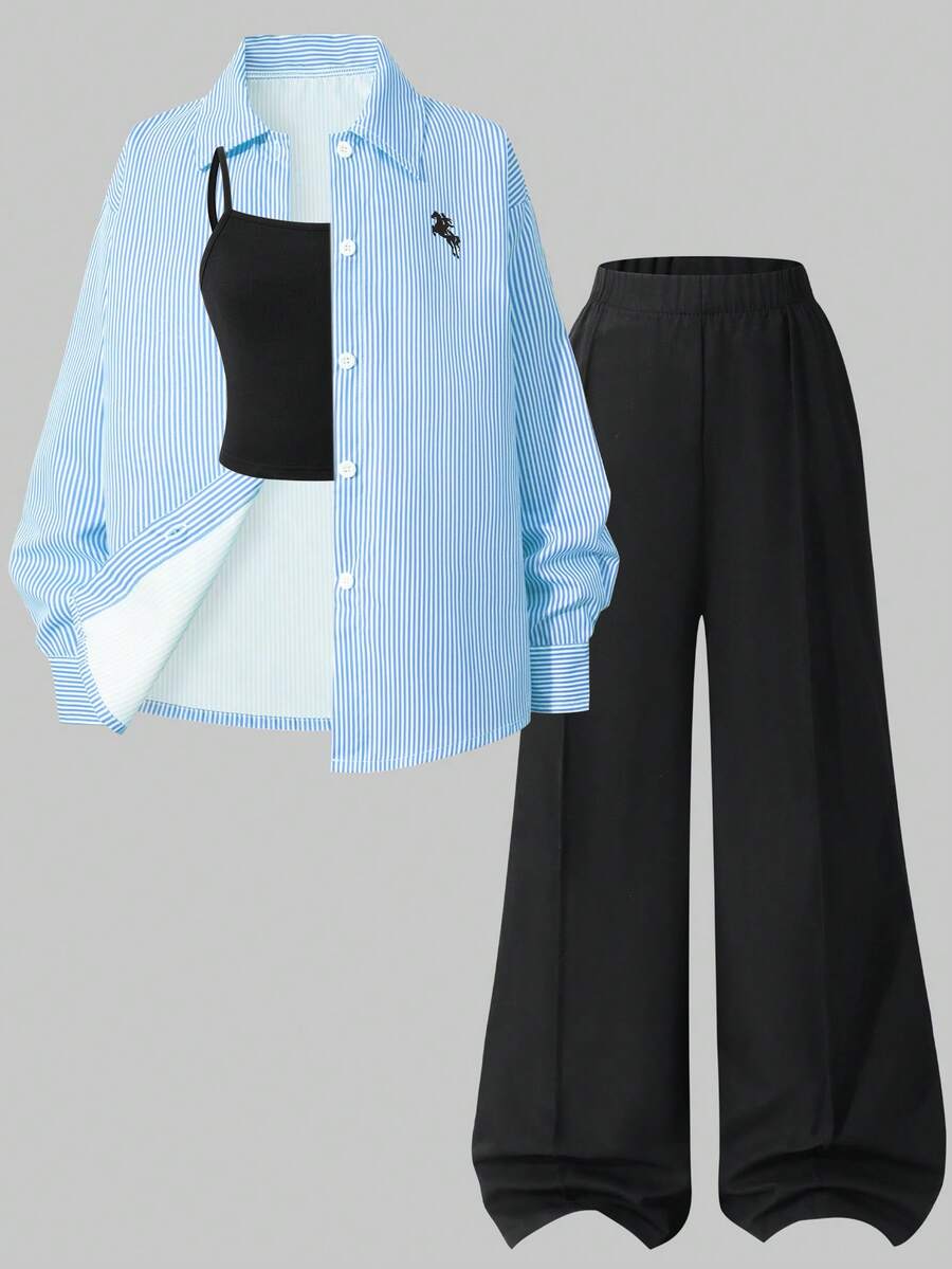 SHEIN 3件組/套 黃色長袖條紋數位印花上衣、黑色長褲、吊帶背心,適合春夏季外出穿著 - 藍色 - 查看 1